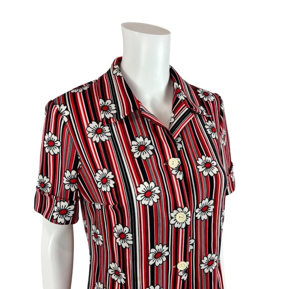 Vintage 70s Floral Print Top Women's Medium Red Black Daisies Stripes Blouse - Picture 4 of 11